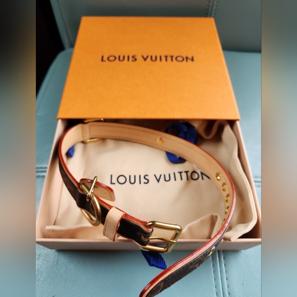 LOUIS VUITTON Brown Gold LV Monogram Canvas Baxter Tag 18" Dog Choker Collar NIB - Picture 4 of 16